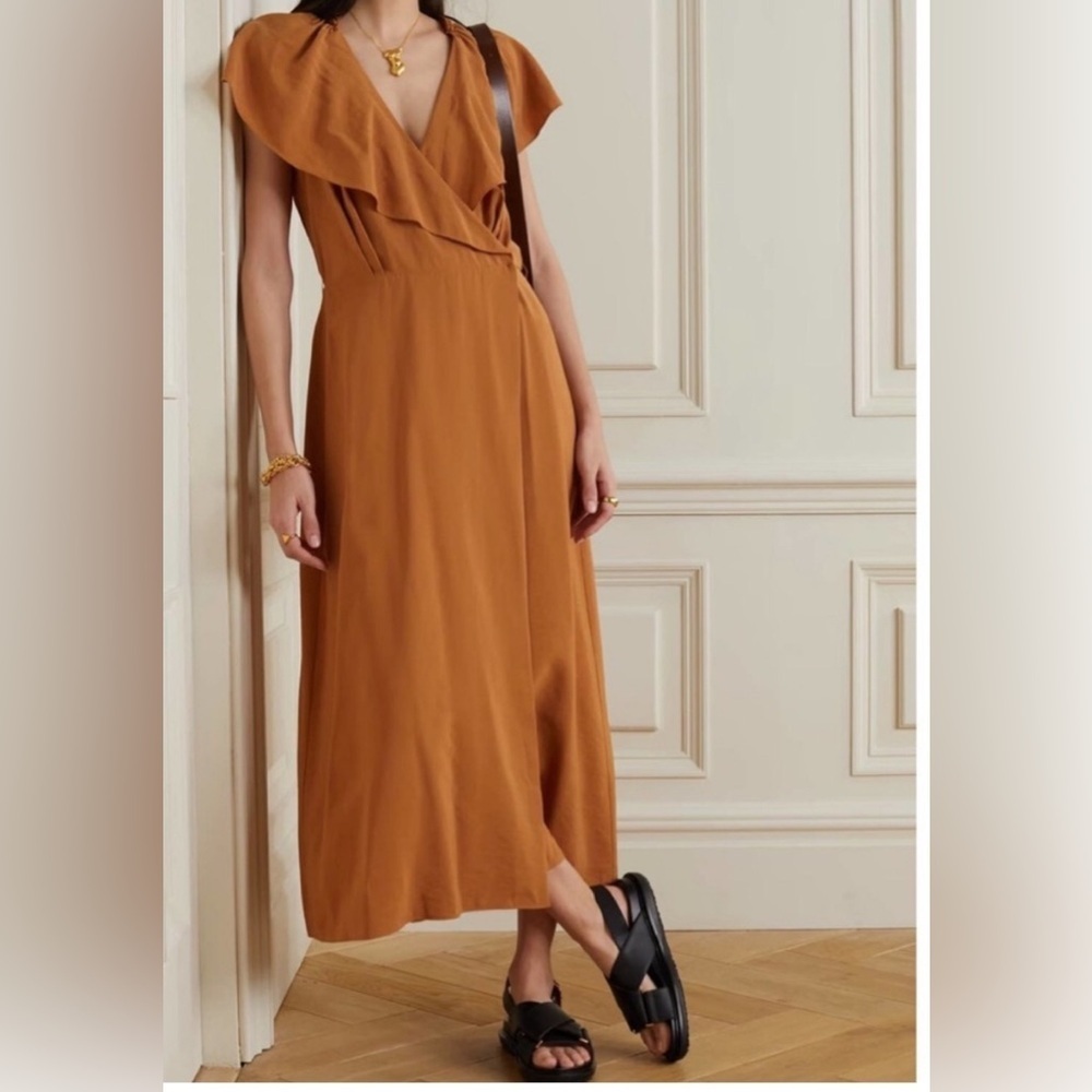 NWT! Vince Braid Trim Flutter Sleeve Wrap Dress in Copper Size Medium - Picture 3 of 11